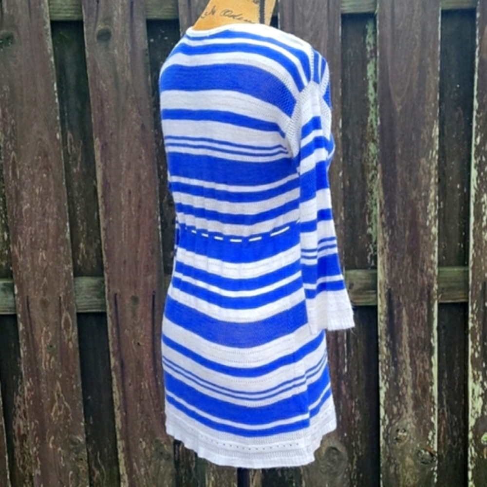 Motherhood Maternity Striped  Babydoll Pointelle Sweater with Drawstring Tie - Picture 15 of 17